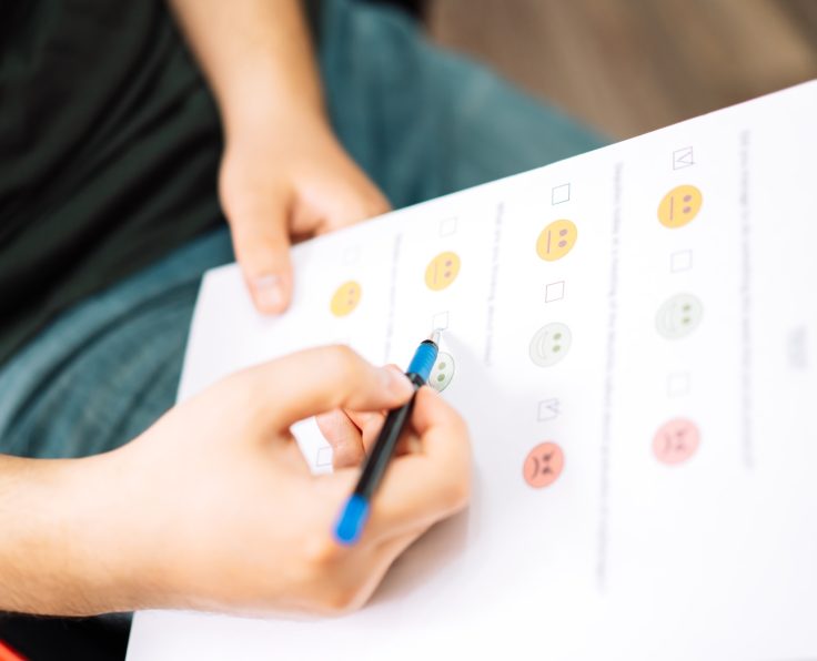 Man taking a psychological test with emoticons
